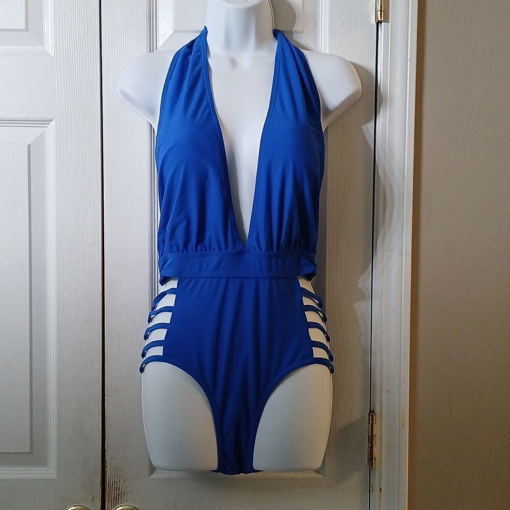 Aqua Eve Royal Blue Halter Plunge V neck side cut Bathing suit swim suit Sz M